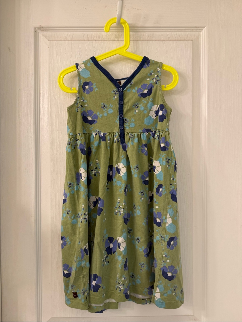 Tea Collection Olive Green Floral Button-Front Dress with Blue Trim